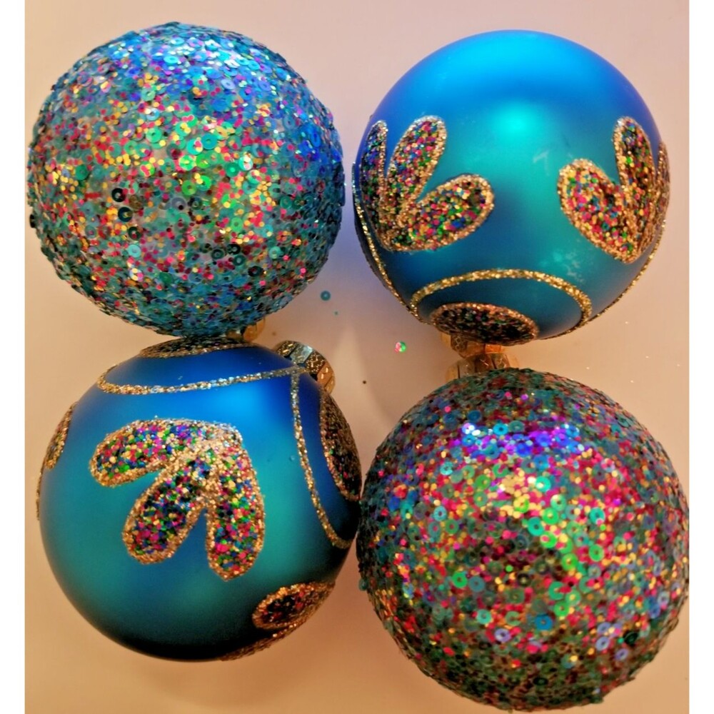 Vintage Glass Ornaments Round Sparkle Blue Multicolor Marked G & B Set of 4 - Picture 2 of 3